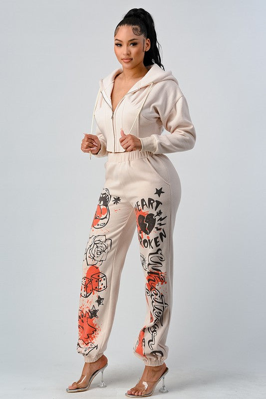 Cropped Jacket and Graphic Pants Set - Ivory