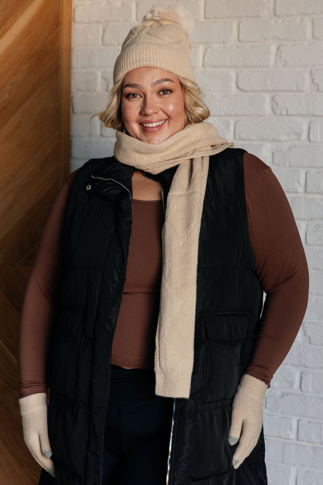 Jane Frost Beanie, Glove & Scarf Set in Beige