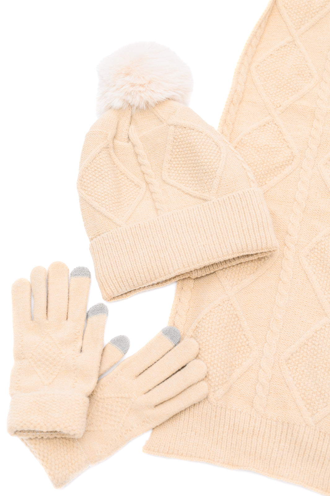 Jane Frost Beanie, Glove & Scarf Set in Beige