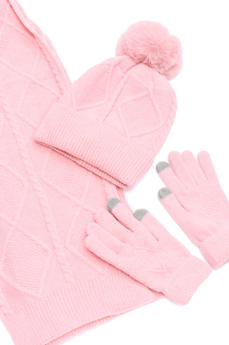 pink beanie gloves and scarf