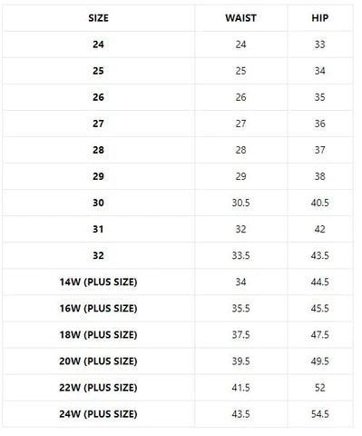 Judy Blue size chart