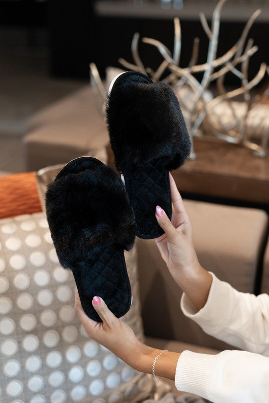 Black Plush Faux Rabbit Fur Slide Slippers