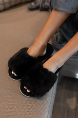 Black Plush Faux Rabbit Fur Slide Slippers