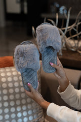 Grey Plush Faux Rabbit Fur Slide Slippers