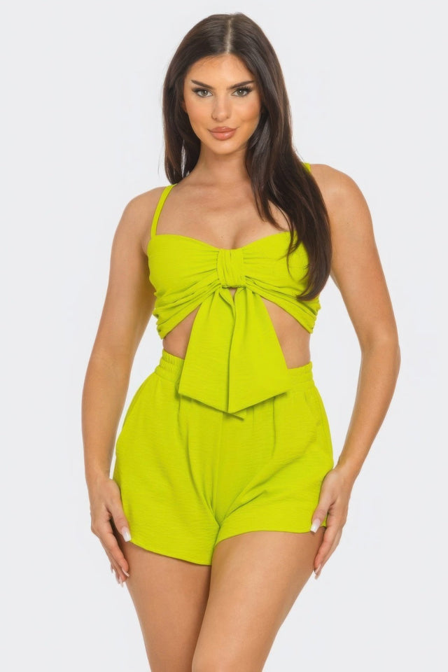 Lime Green Twisted Bow Bra Top & Shorts Set