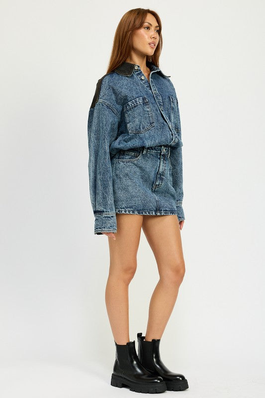 Long Sleeve Dark Denim Mini  Dress side