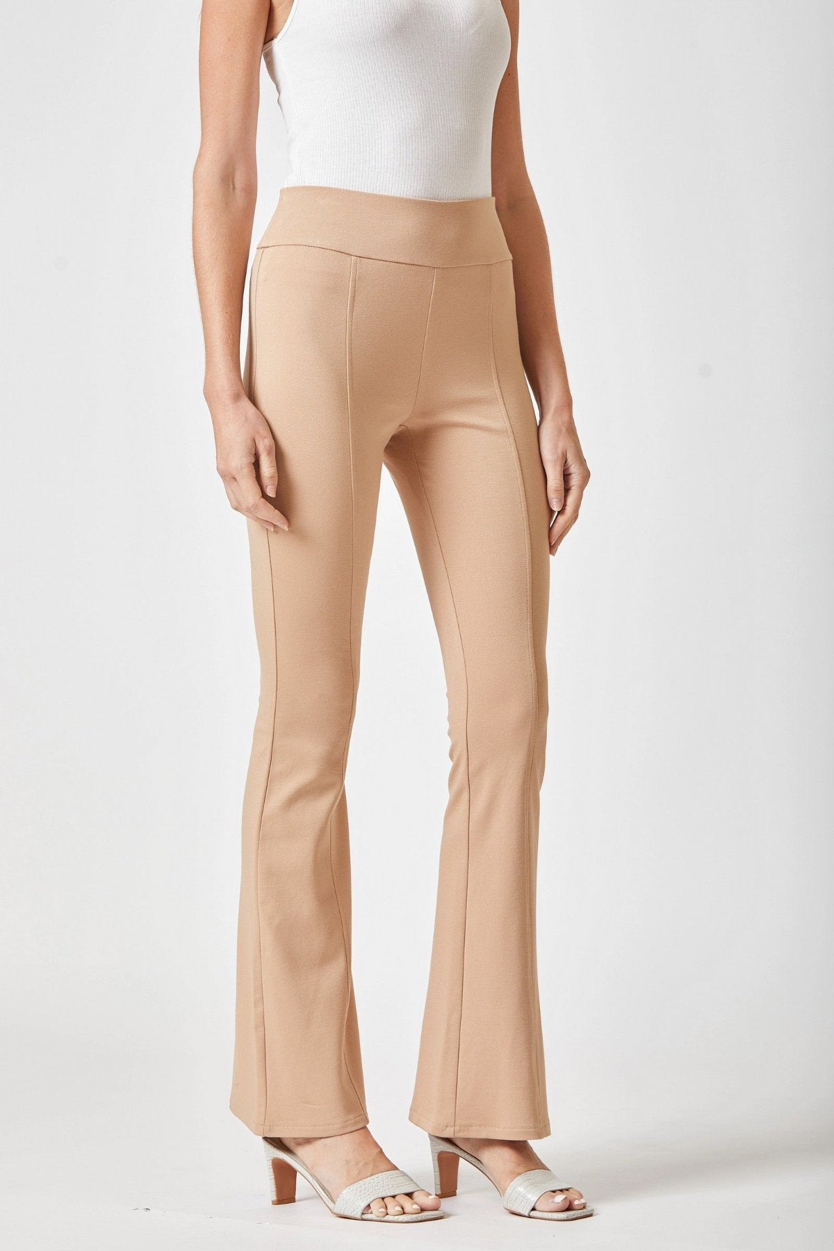 khaki High Rise Flare Leg Pants back