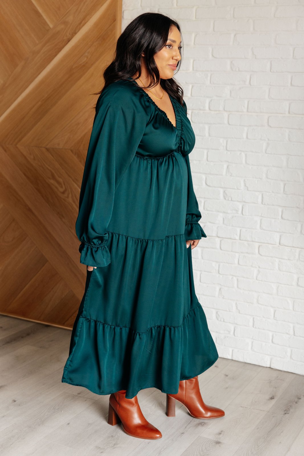 Satin Tiered Maxi Dress in Hunter Green