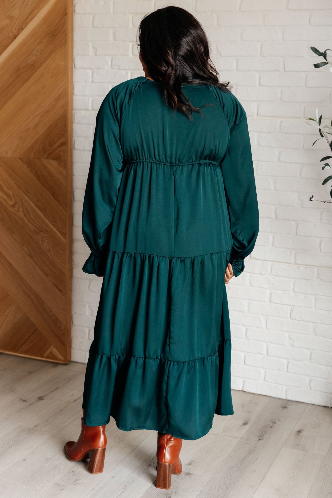 Satin Tiered Maxi Dress in Hunter Green