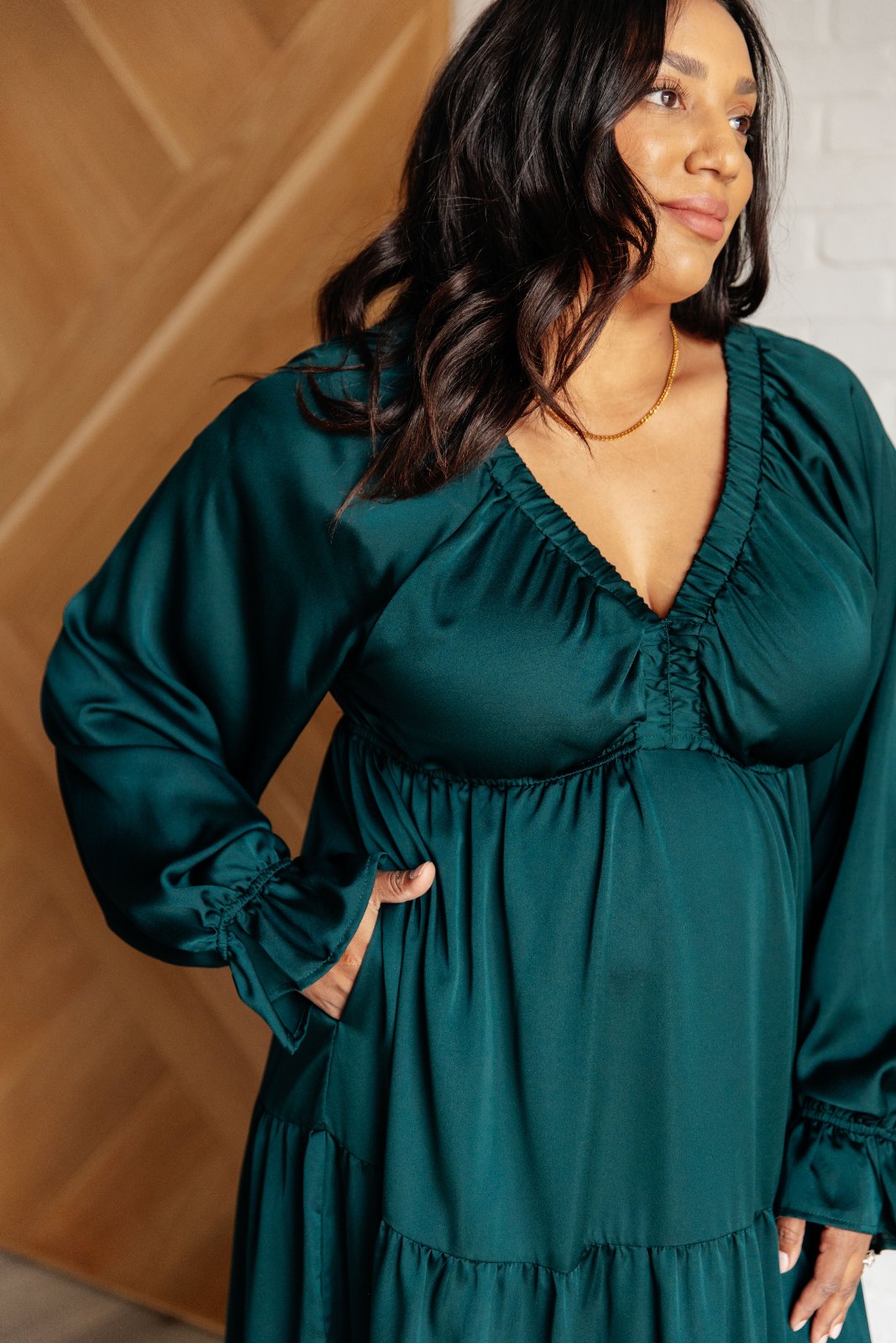 Satin Tiered Maxi Dress in Hunter Green