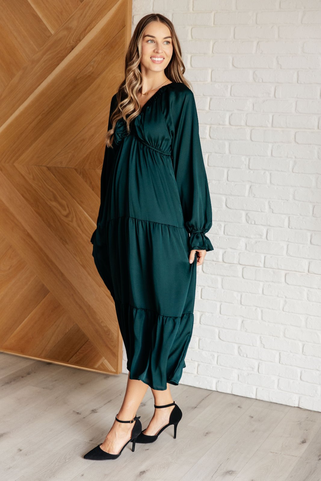 Satin Tiered Maxi Dress in Hunter Green