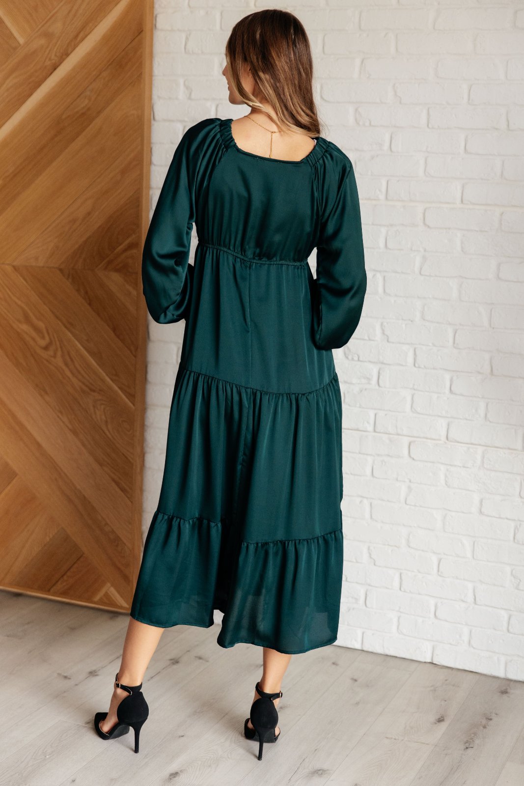 Satin Tiered Maxi Dress in Hunter Green