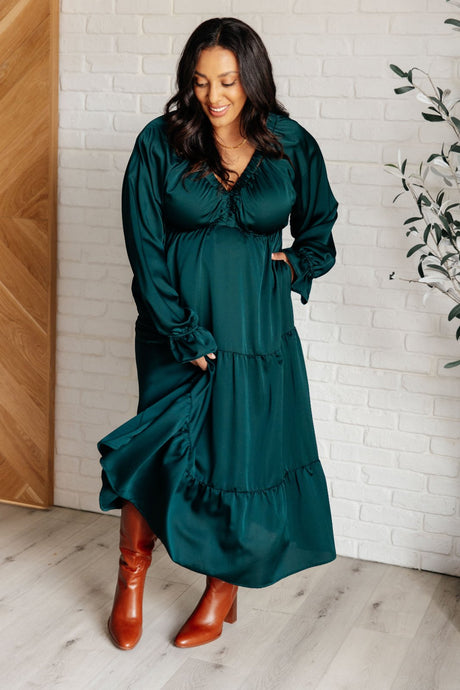 Satin Tiered Maxi Dress in Hunter Green