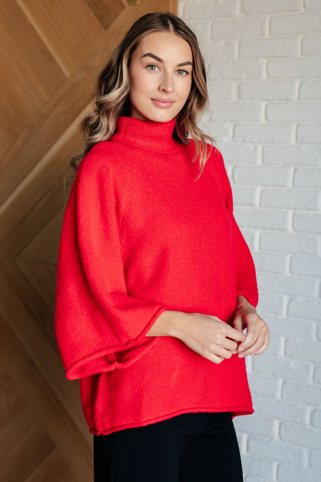 Red Raglan Sleeve Turtleneck Sweater