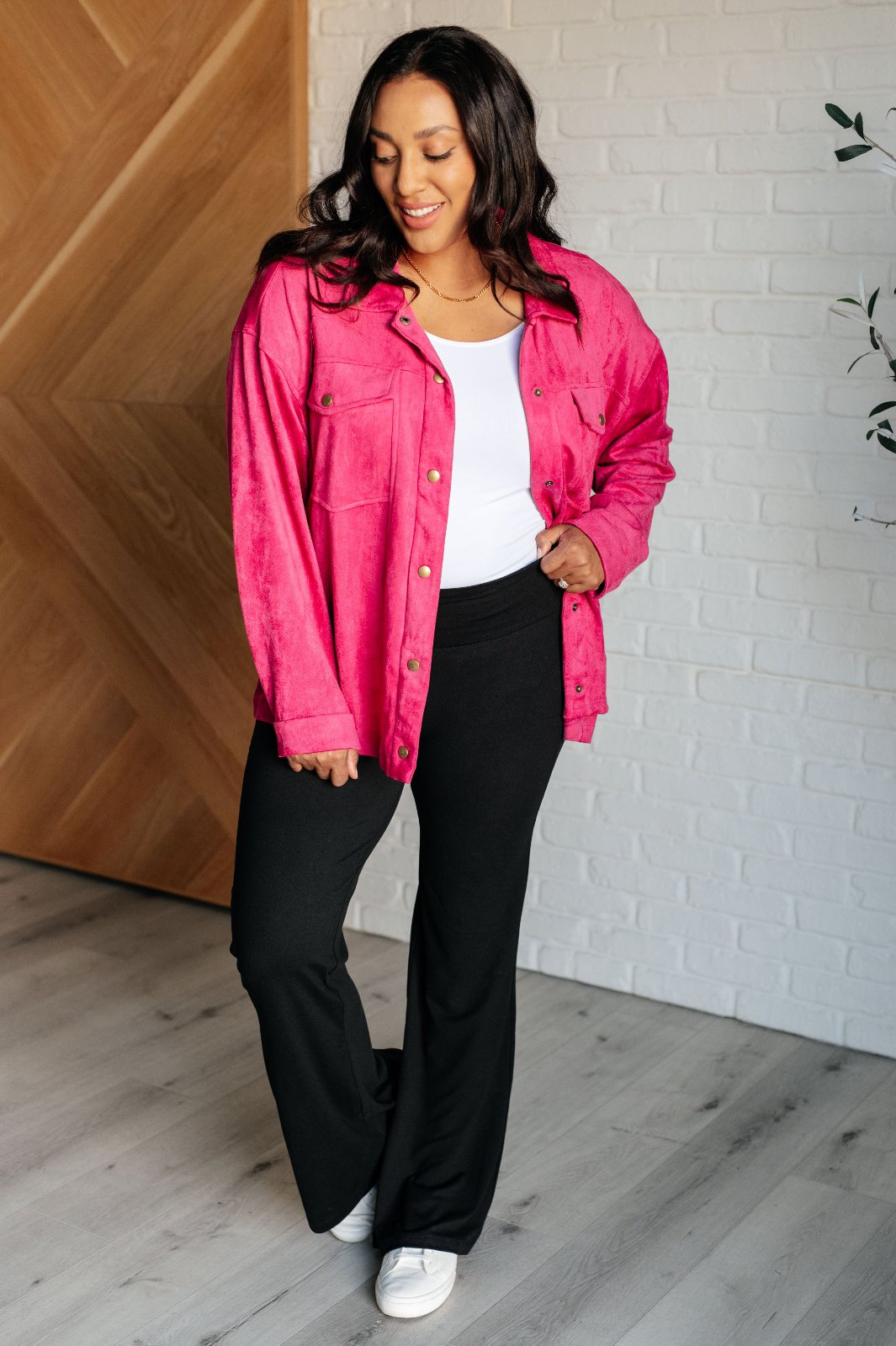 Pink Faux Suede Button Up Shirt