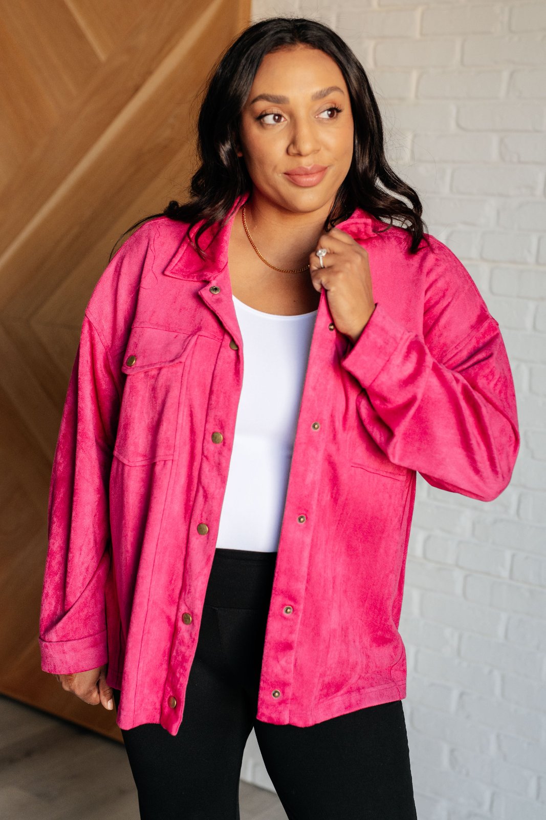 plus size Pink Faux Suede Button Up Shirt