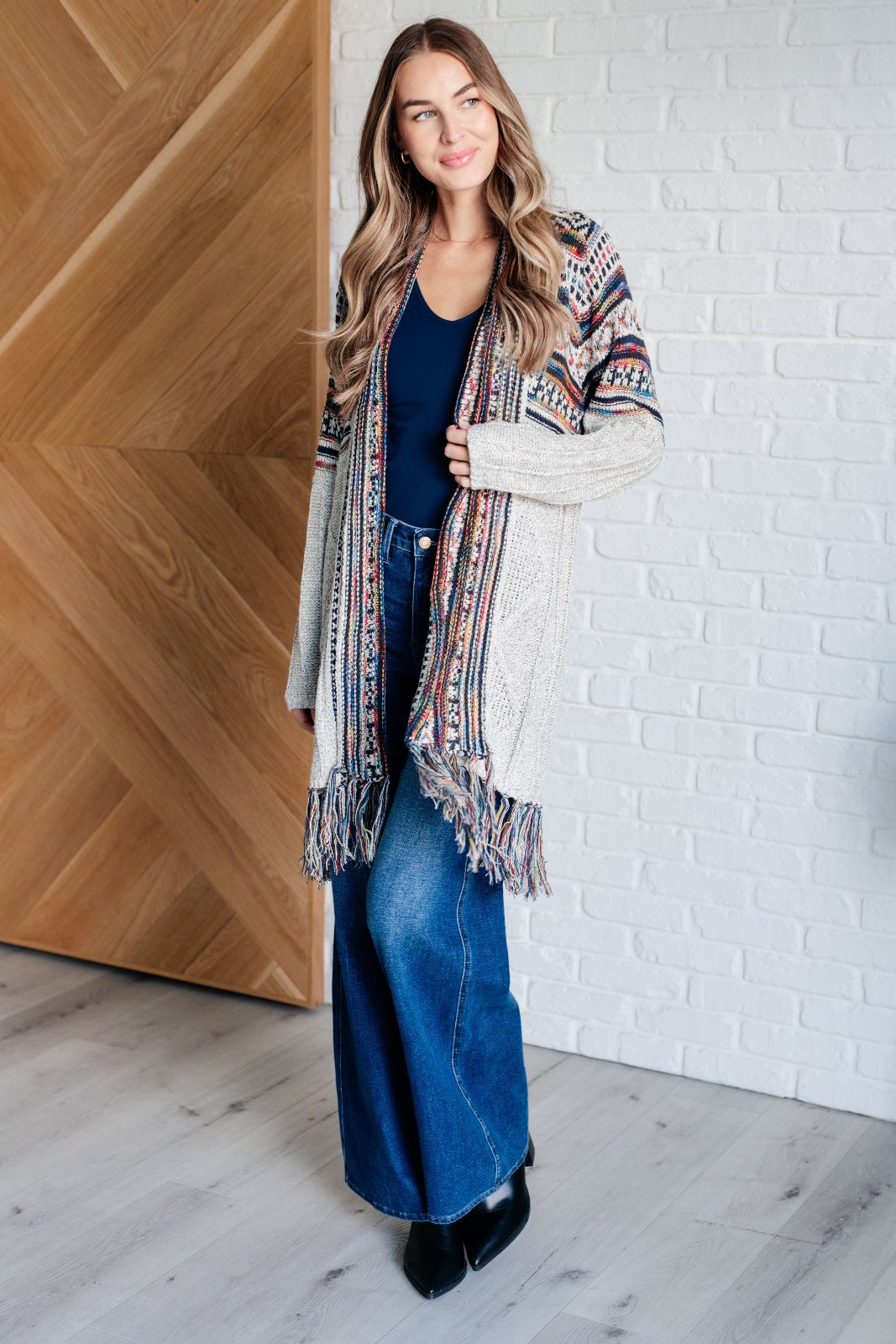 Grey Rainbow Print Fringe Cardigan