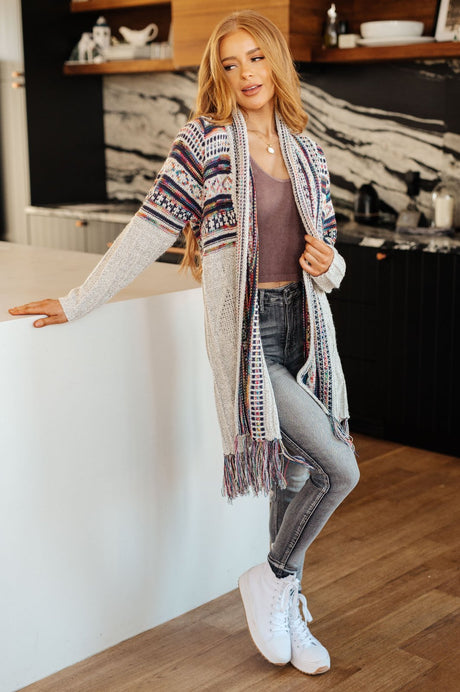 Grey Rainbow Print Fringe Cardigan