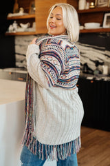 plus size Grey Rainbow Print Fringe Cardigan side view