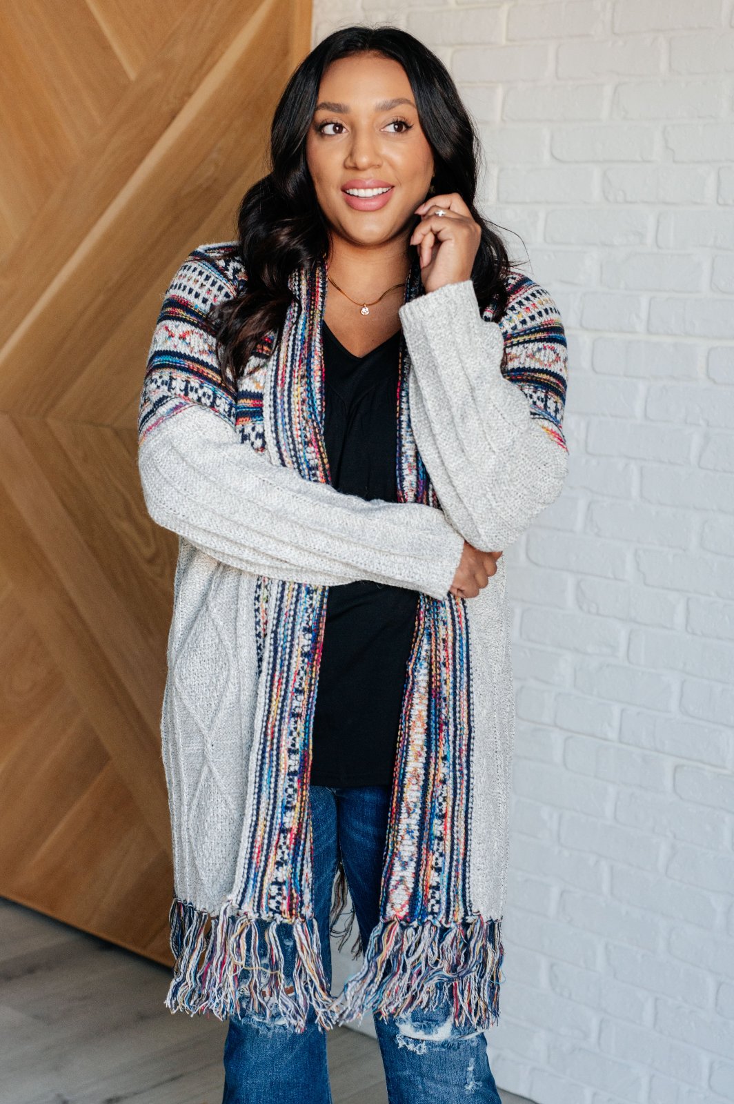 plus size Grey Rainbow Print Fringe Cardigan