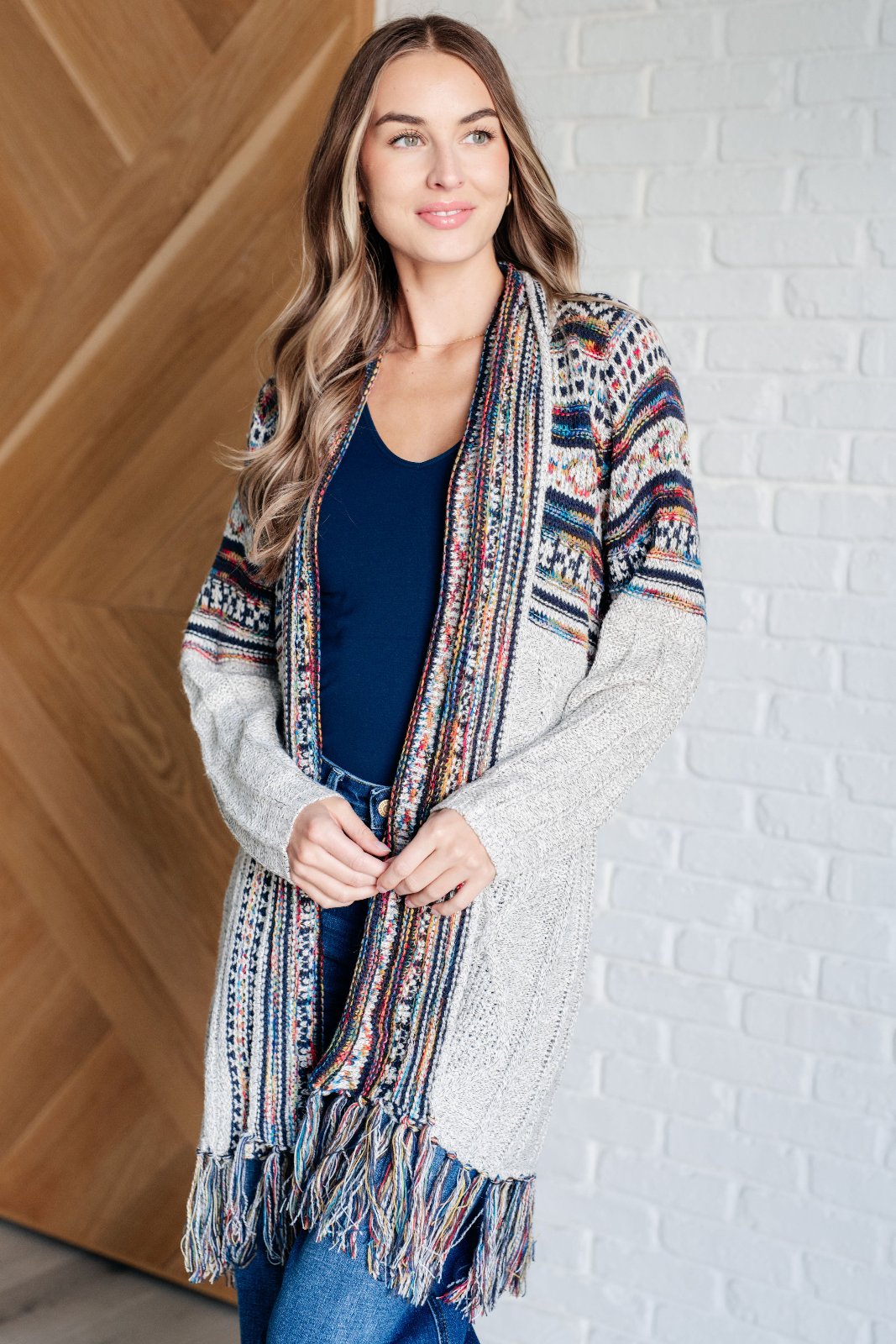 Grey Rainbow Print Fringe Cardigan