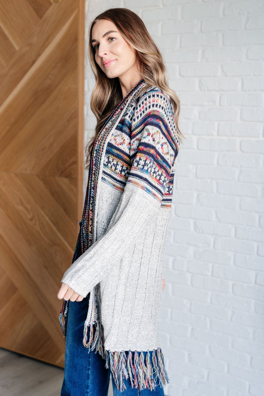 Grey Rainbow Print Fringe Cardigan side