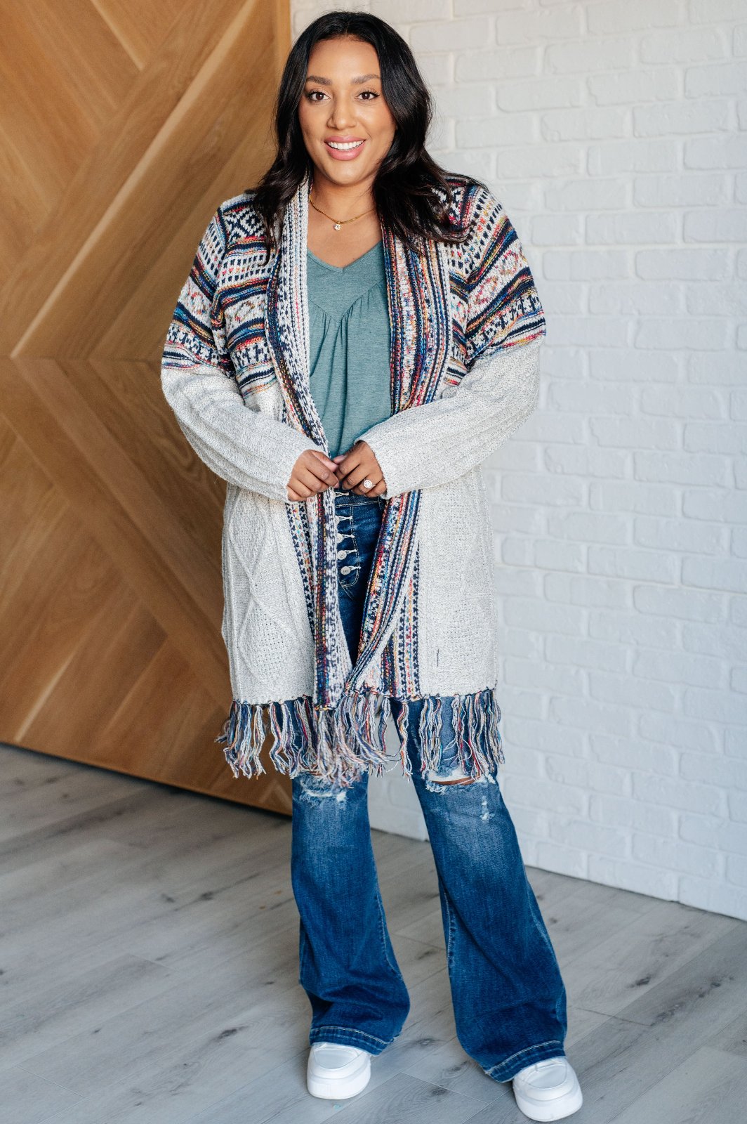 Grey Rainbow Print Fringe Cardigan