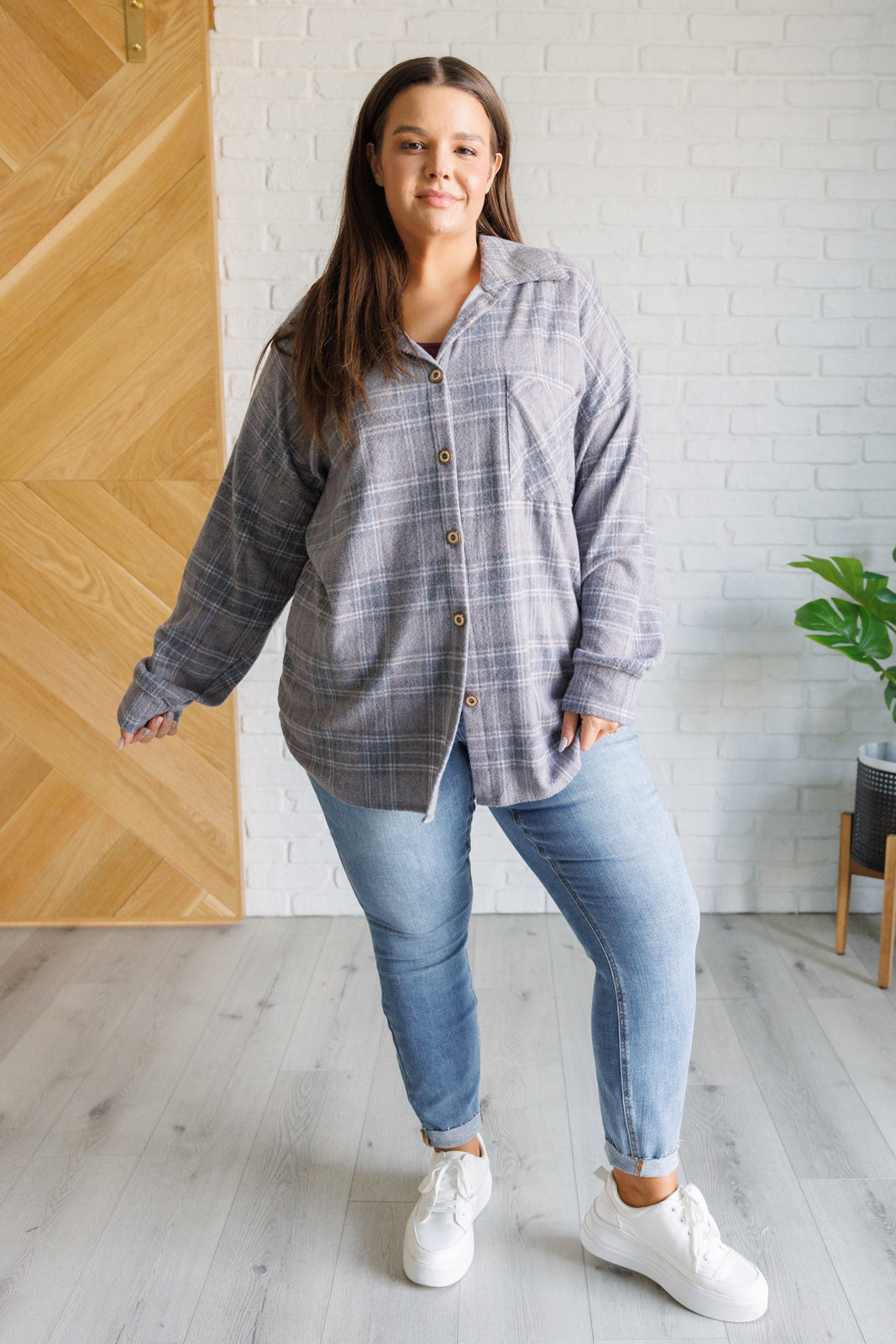 Cozy Grey Plaid Button Up Shirt