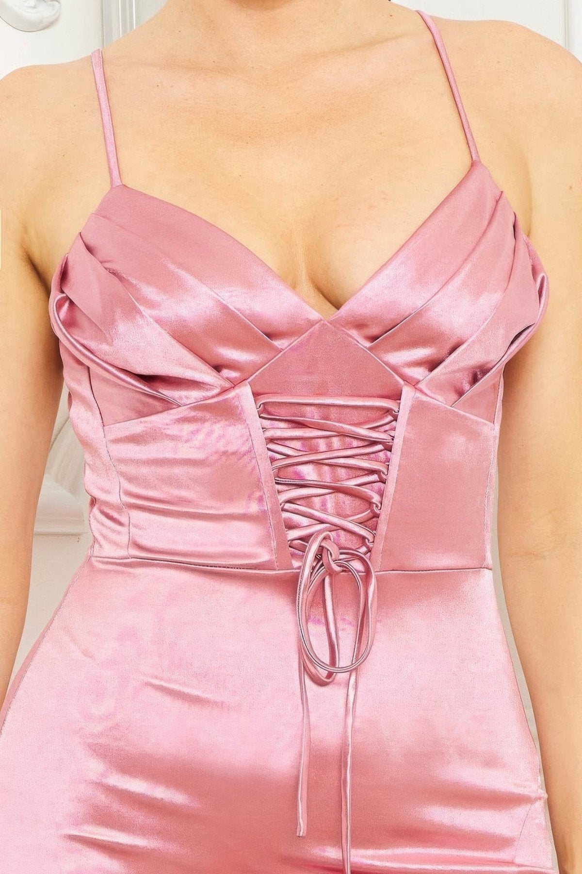 Pink Satin Caged Waist Maxi Dress with Pleated Cami Top close up