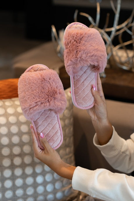 Pink Plush Faux Rabbit Fur Slide Slippers