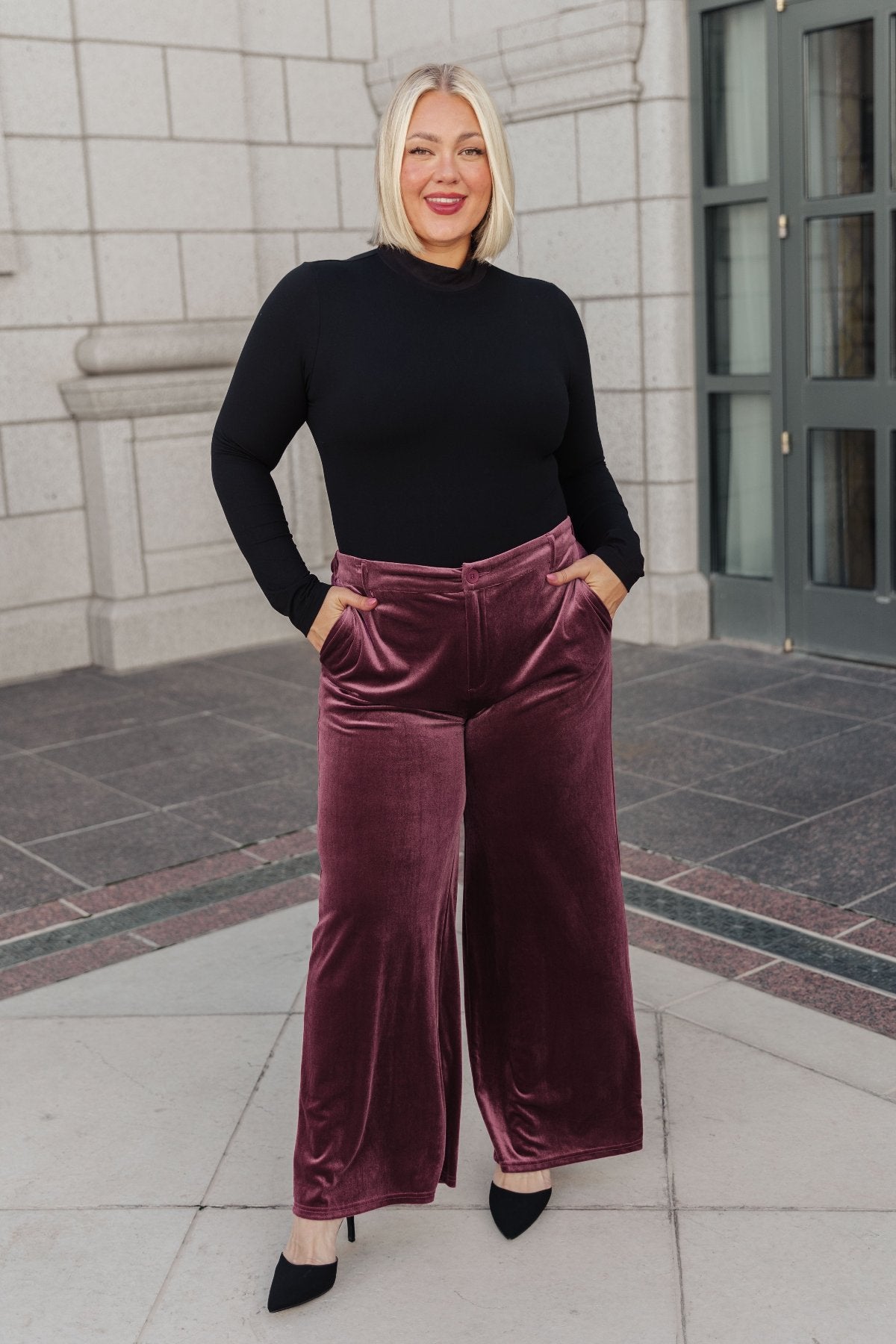 Plus Size Luxe Velvet Wide Leg Trousers in Burgundy