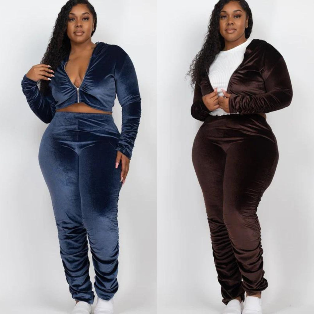 Plus Size Velour Ruched Front Zip Up Jacket & Stacked Pants Set
