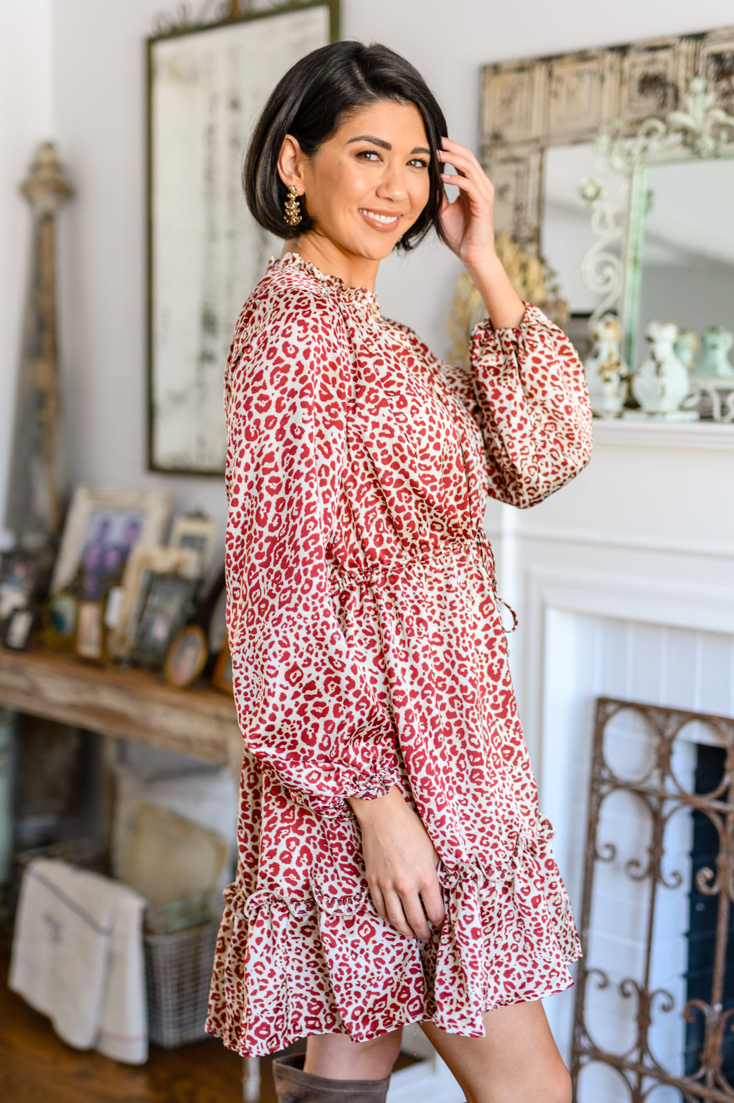 Tiered Animal Print Dress in Burgundy