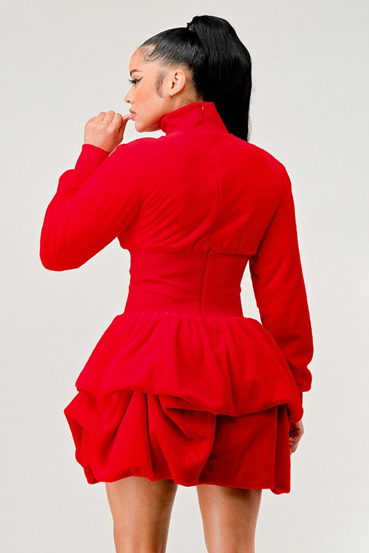red Cascading Ruffles Long Sleeve Dress
