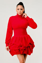 red Cascading Ruffles Long Sleeve Dress