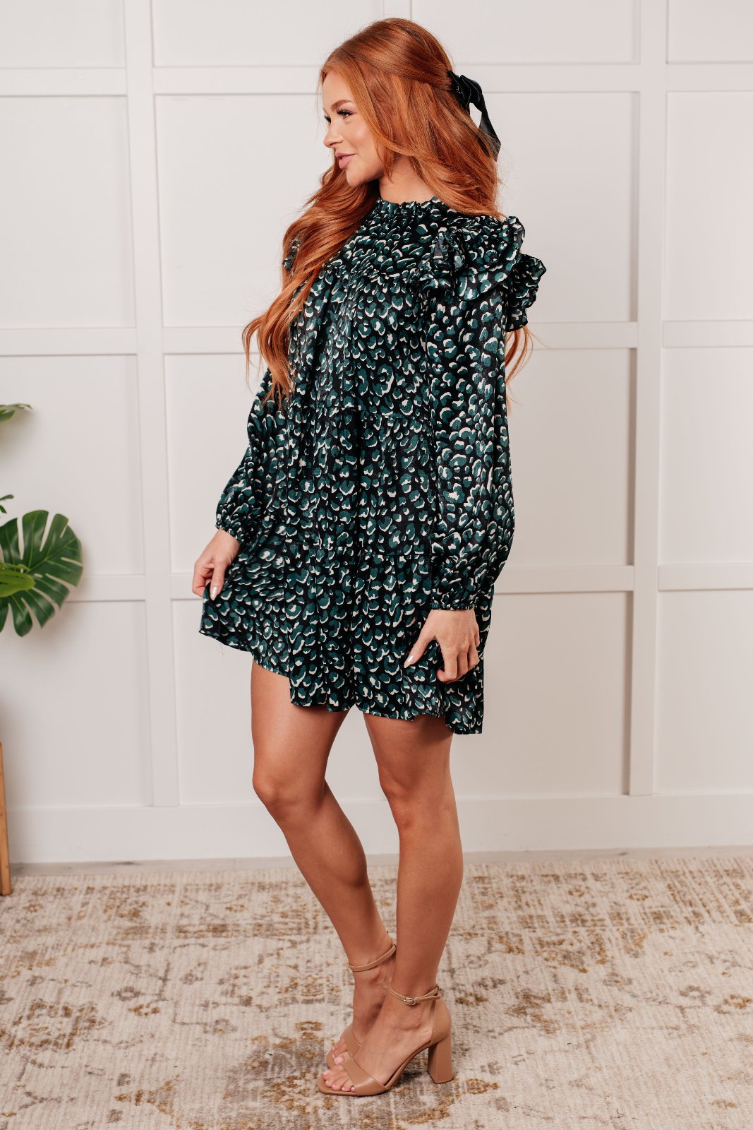 Tiered Satin Print Dress - Green Multi side view