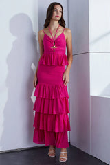 hot pink Chest Trim With Smocked Ruffled Layered Hem Dress