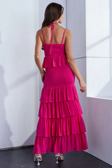 hot pink Chest Trim With Smocked Ruffled Layered Hem Dress