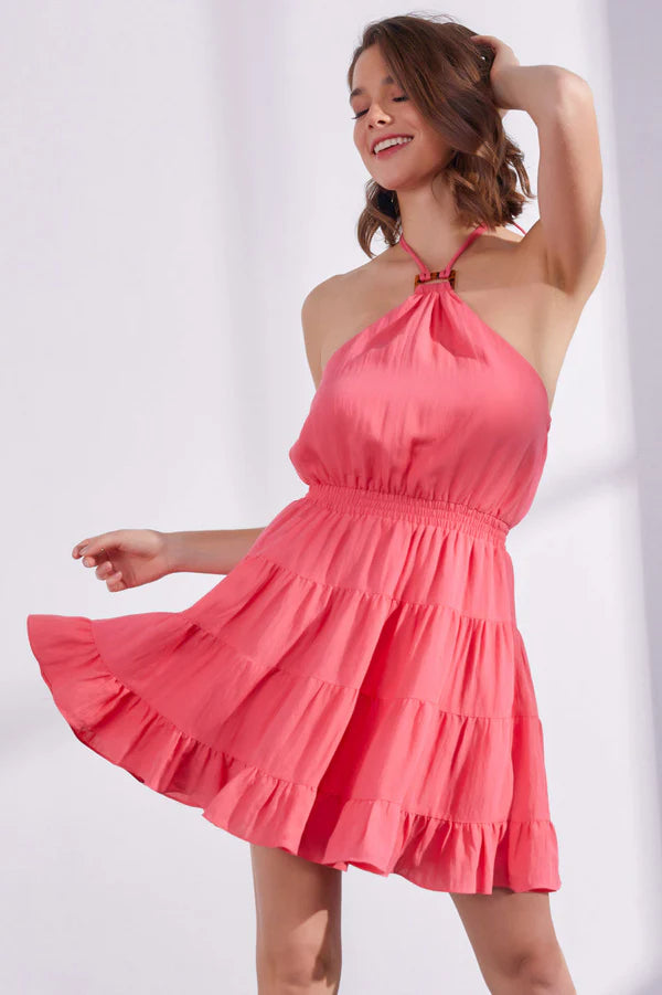 coral pink Ruffle Marble Buckle Detailed Halter Dress