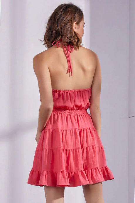 coral pink Ruffle Marble Buckle Detailed Halter Dress