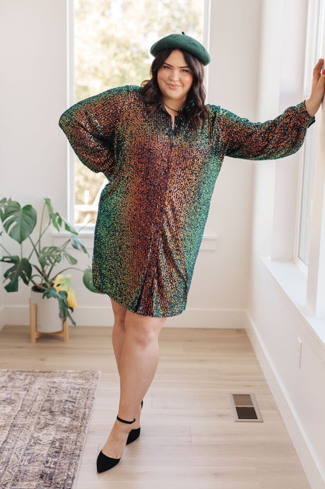 Green Shimmering Sequin Shirt Dress