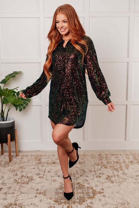 Green Shimmering Sequin Shirt Dress