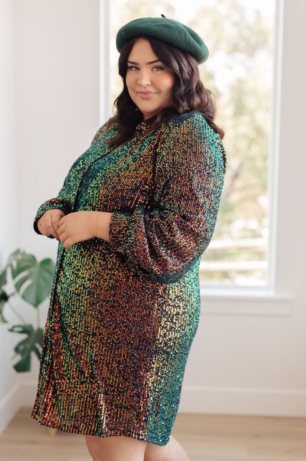 Green Shimmering Sequin Shirt Dress