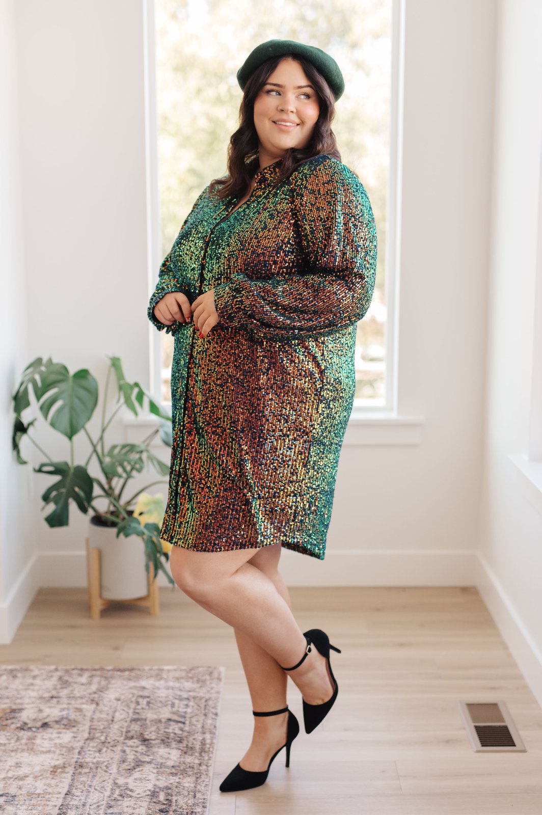 Green Shimmering Sequin Shirt Dress