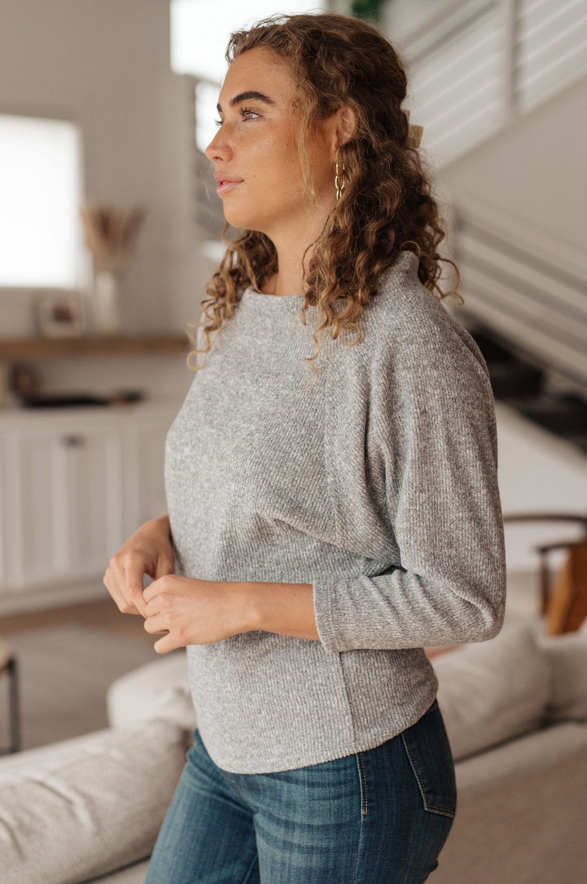 Dolman Sleeve Boat Neck Top in Grey side