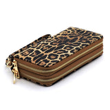 Tan Leopard Double Zip Around Wallet Wristlet