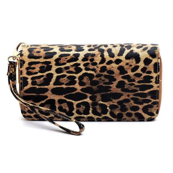 Tan Leopard Double Zip Around Wallet Wristlet