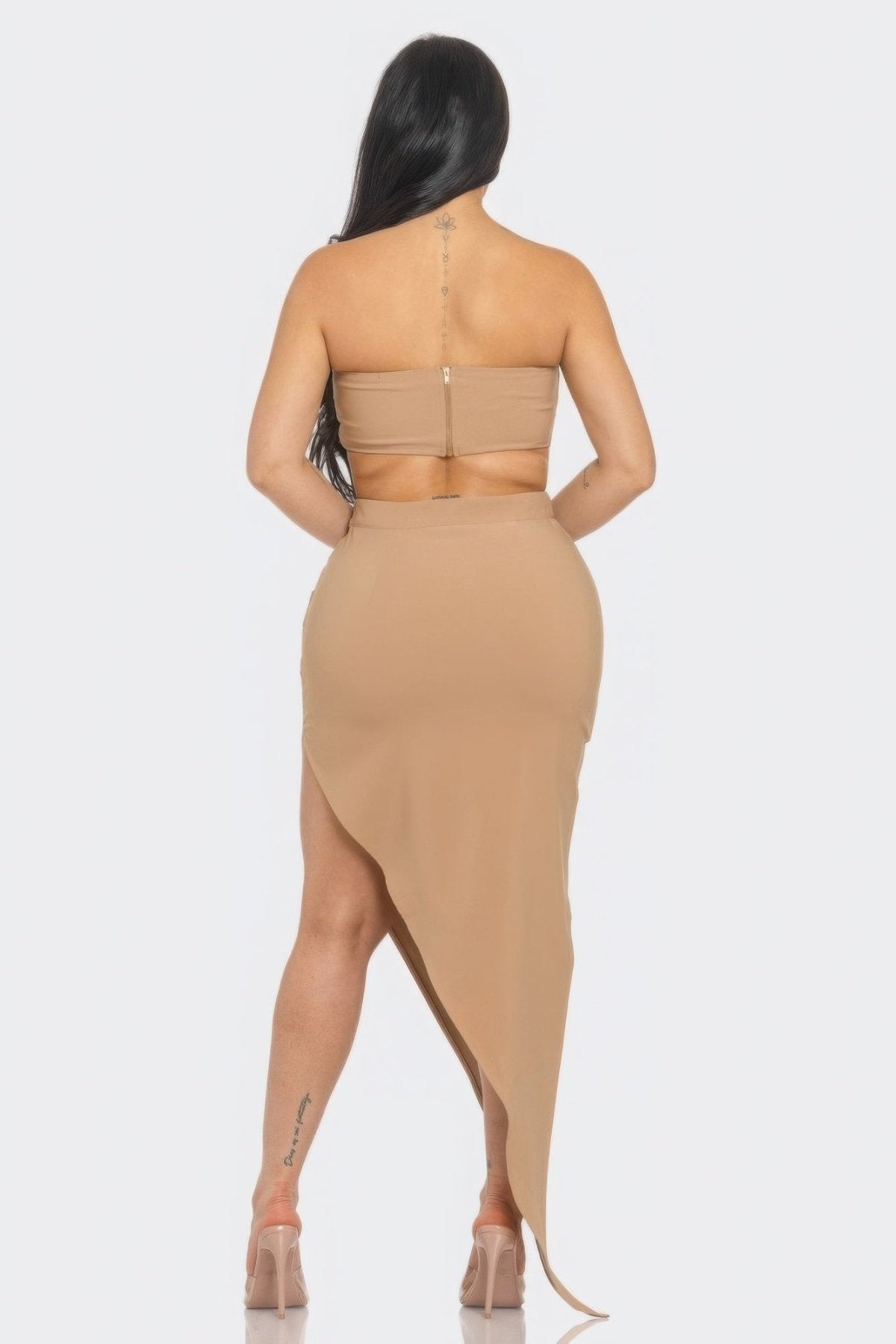 Taupe Belt Buckle Crop Top & Skirt Set back