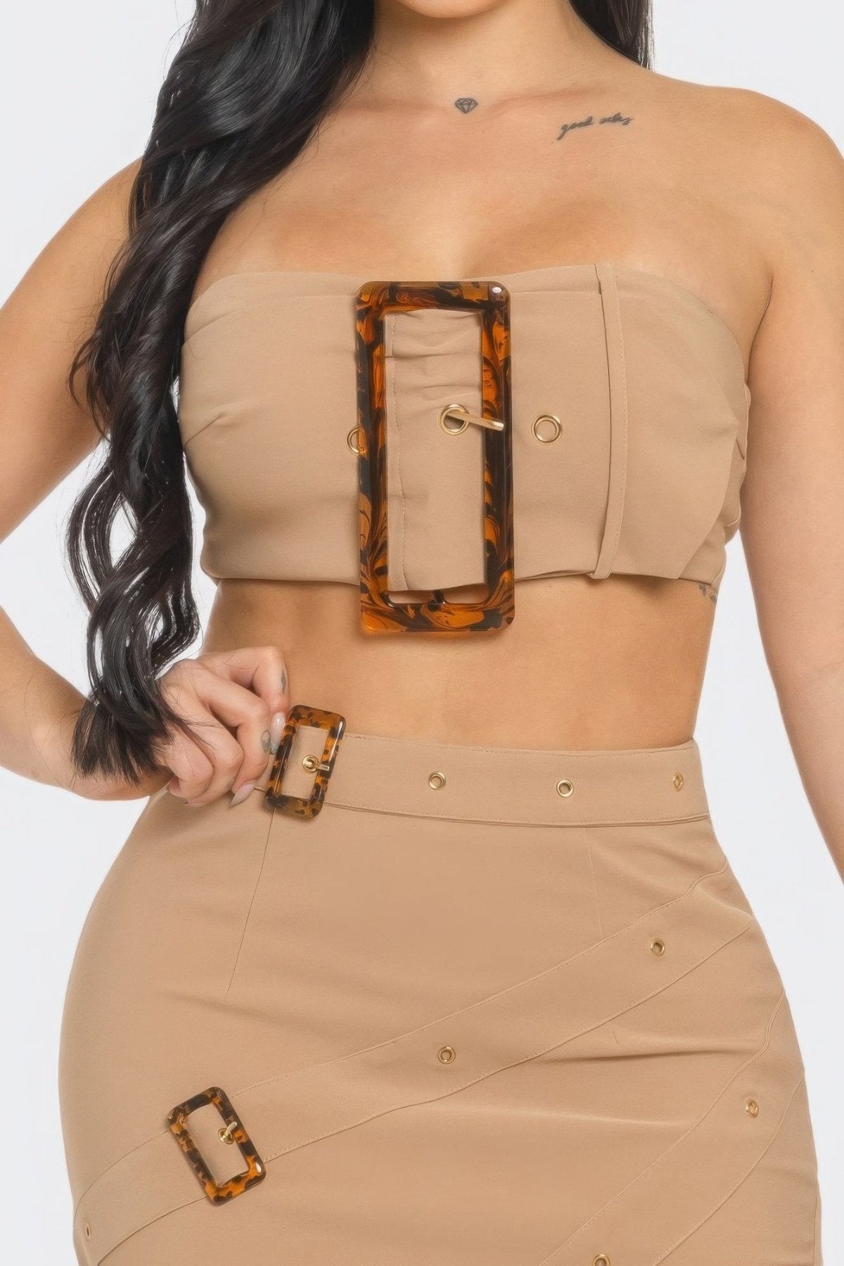 Taupe Belt Buckle Crop Top & Skirt Set close up