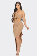 Taupe Belt Buckle Crop Top & Skirt Set